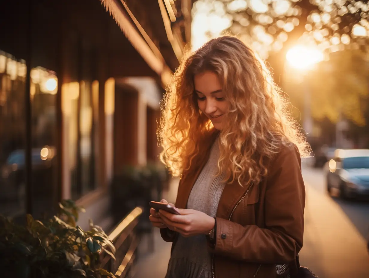 A young woman walking in Winston-Salem at golden hour while browsing her Instagram feed on a smartphone