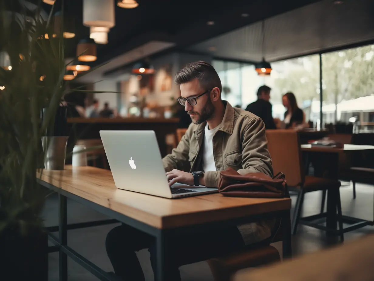 A technical SEO analyst sits in a local cafe and types on a laptop computer